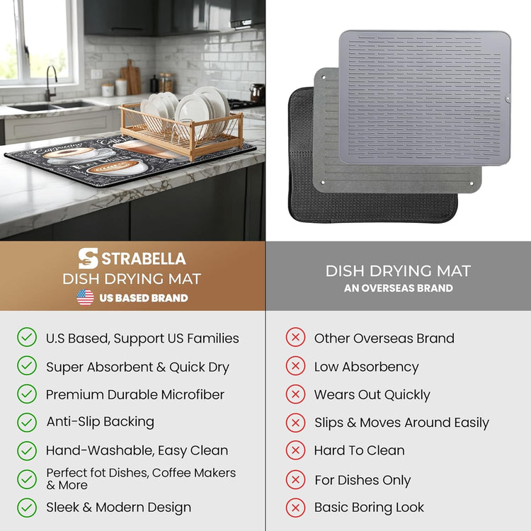 Dish Drying Mat Super Absorbent – 12" x 18" Coffee Mat for Countertops – Non-Slip Drying Mat for Kitchen Counter – Easy to Clean Water Absorbent Mat – Quick Dry Dish Drying Mats (Americano)