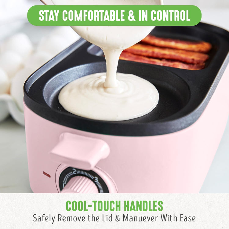 GreenLife 3-in-1 Breakfast Maker Station, Healthy Ceramic Nonstick Dual Griddles for Eggs Meat Sausage Bacon Pancakes and Breakfast Sandwiches, 2 Slice Toast Drawer, Easy-to-use Timer, Pink