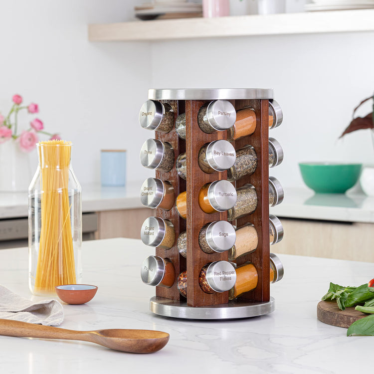 20 Jar Rotating Dark Acacia Wood Spice Rack with Spices Included & 5