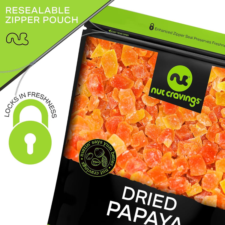 NUT CRAVINGS - Sun Dried Papaya Chunks, Lightly Sweetened (8oz, 1 Pack) Bulk Dry Fruits Packed Fresh in Resealable Bag - Sweet Healthy Snack, Naturally Grown, Vegan, Kosher