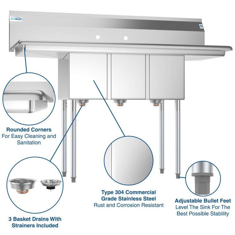 SC101410 12B3 3 Compartment Stainless Steel NSF Commercial Kitchen Sink with Right and Left Drainboards