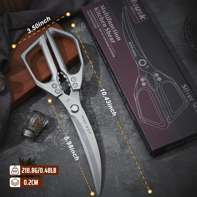 HUUSK Kitchen Scissors Silver - Stainless Steel Kitchen Shears for Food, Japanese Cooking Scissor, Sharp Meat Scissors Dishwasher Safe, Heavy Duty Poultry Shears for Chicken Bones, and Turkey