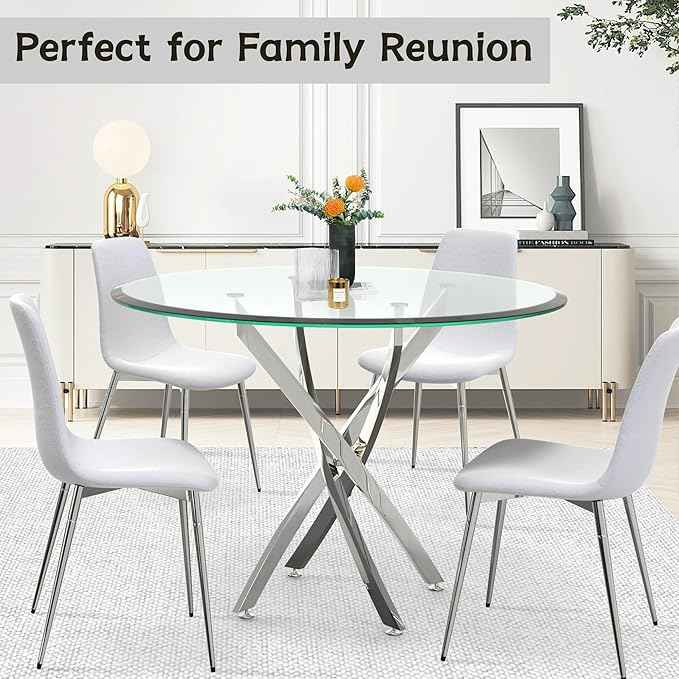 AF ARTISAN FURNITURE 36" Round Glass Dining Table Set for 4, 5-Piece Modern Kitchen Table with 4 White Velvet Chairs, Modern Circle Leisure Table for Home Office Dining Room Small Spaces (Silver Leg)