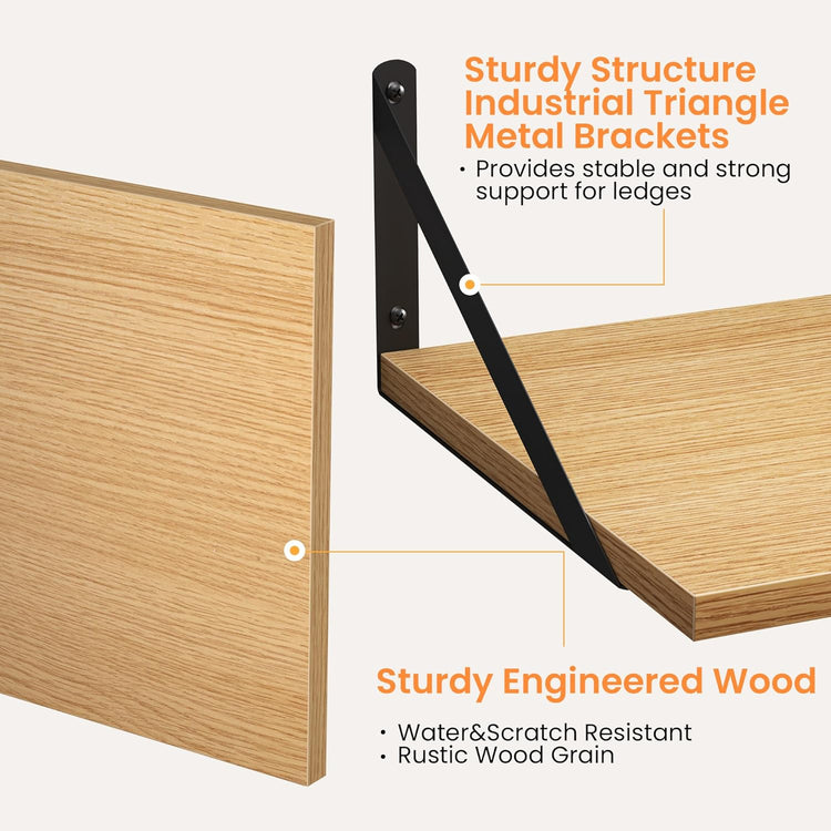 Heimlove 12 Inch Deep Floating Shelves for Wall, 16W x 12D Wood Wall Shelves Set of 2, Rustic Oak Wide Floating Bookshelf for Living Room, Kitchen, Office, Bedroom, with Black Metal Bracke - Oak