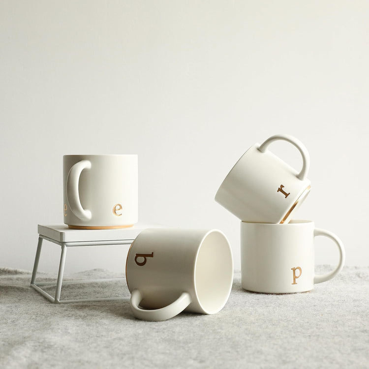 COLLECTIVE HOME - Monogram Ceramic Mugs, 15 oz Golden Initial Coffee Cups, Elegant Alphabet Tea Mugs, Elegant Personalized Mug with Gift Box, Luxurious Cups for Office and Home (e)