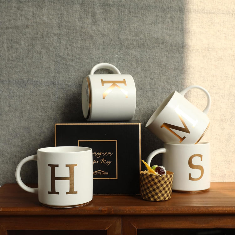 COLLECTIVE HOME - Monogram Ceramic Mugs, 15 oz Golden Initial Coffee Cups, Elegant Alphabet Tea Mugs, Elegant Personalized Mug with Gift Box, Unique Mug with Double Side Capital Letter (M)