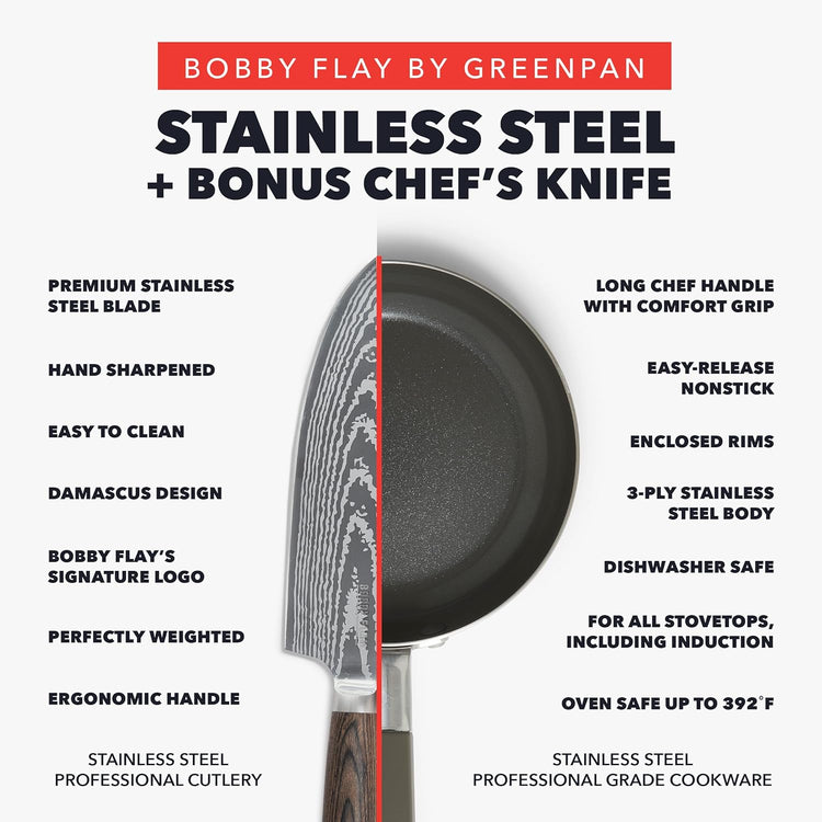 GreenPan x Bobby Flay Stainless Steel 12 Piece Cookware Pots and Pans Set and 8" Chef's Knife, Professional Grade Tri Ply, PFAS-Free Ceramic Nonstick, Induction Suitable, Dishwasher & Oven Safe