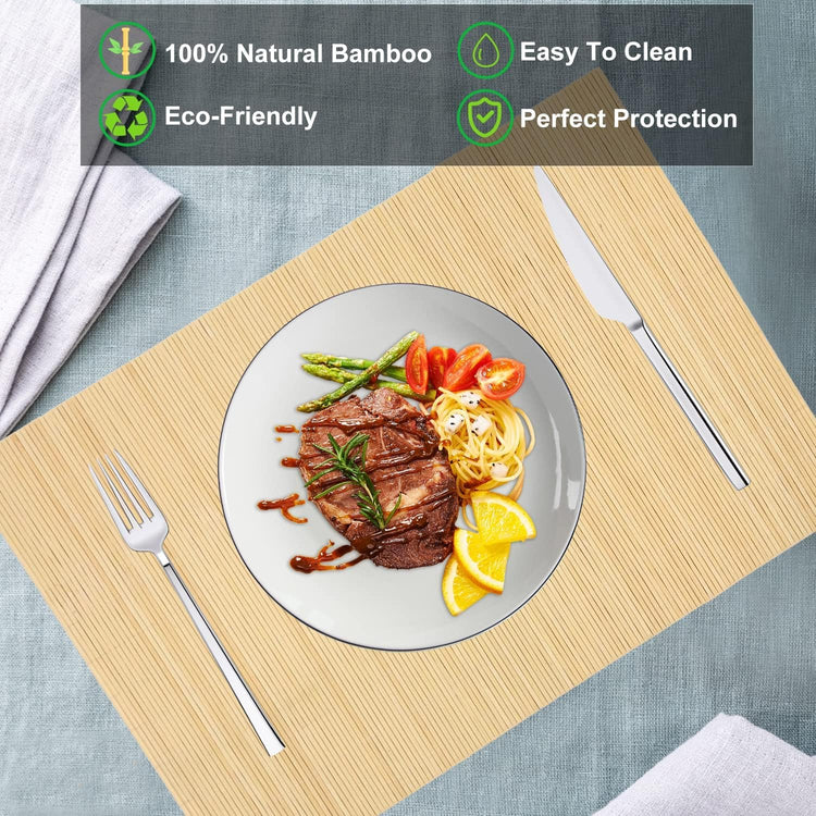 ANDSTAR Bamboo Placemats Set of 8 Waterproof - 12x18 Inch Reusable Table Mats for Dining, Eco-Friendly Heat Resistant Dishwasher Safe Kitchen Decor, Farmhouse Style Home Gift (Natural Color)