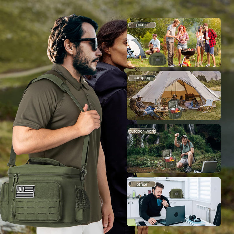 Tactical Lunch Bag for Mens Military Heavy Duty Lunch Box Work Leakproof Insulated Durable Thermal Cooler Bag for Adult Meal for Office Camping Picnic Pail MOLLE Webbing Army Green