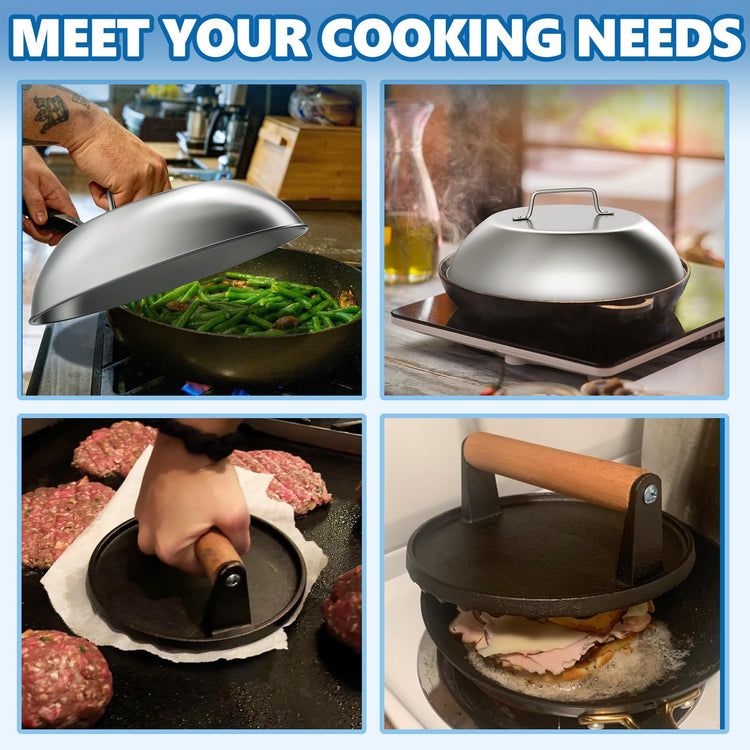 Round Griddle Basting Cover Dome&Cast Iron Burger Press for Flat Top Grills