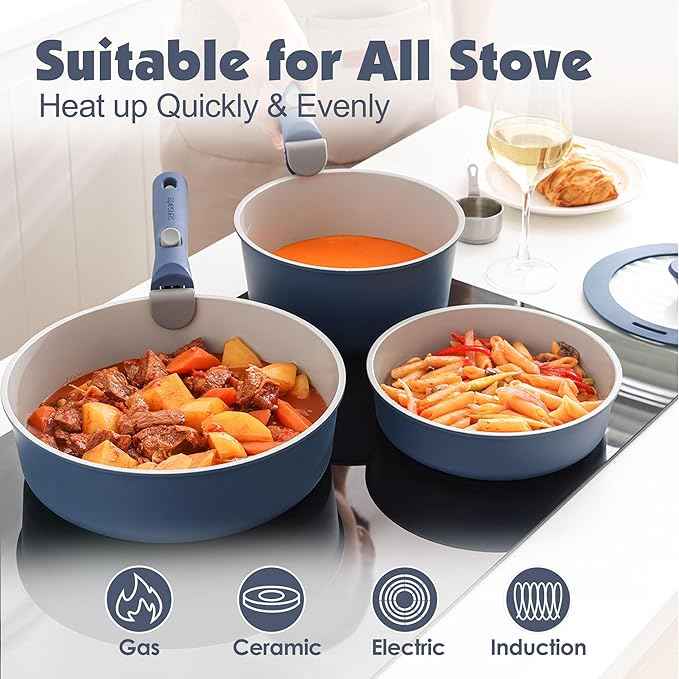 SENSARTE 24 Piece Ceramic Pots and Pans Set, Nonstick Detachable Handle Cookware, Induction Kitchen Cookware Set with Removable Handle, Healthy Non Stick for RV, Dishwasher&Oven Safe, PFOA Free (Navy)