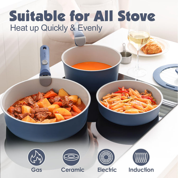 17 Piece Ceramic Detachable Handle Pots and Pans Set Navy