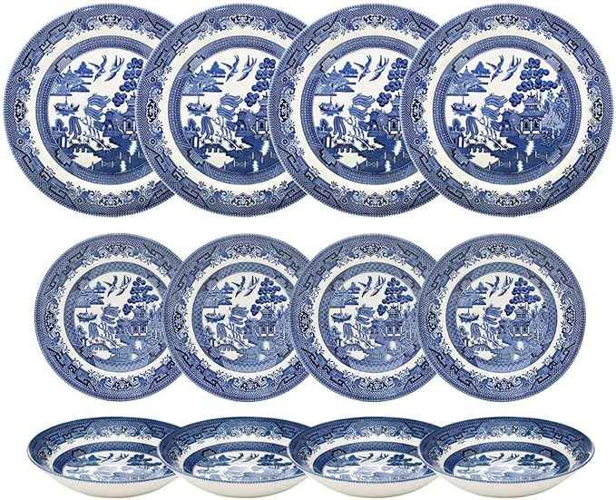 Churchill Blue Willow Dinner Plates, Salad Plates and Coupe Bowls 12 Piece Dinnerware Set, Made In England
