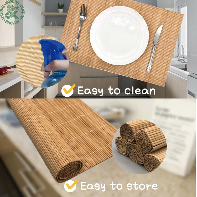 ANDSTAR Set of 4 Pcs Bamboo Placemats Sushi Rolling Mat Japanese Style Natural Anti-Slip Bamboo Placemats Washable Heat-Resistant Table Mats for Dining Room and Kitchen(Brown)