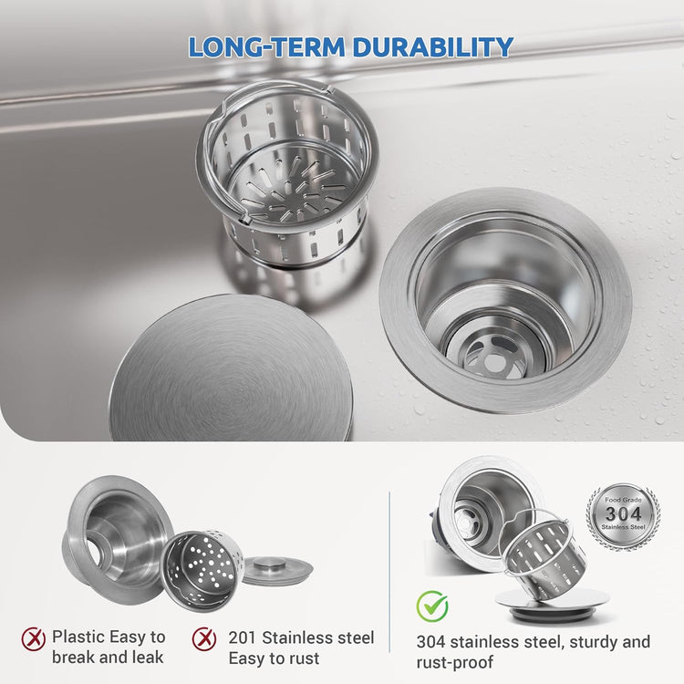 BOTEMY Stainless Steel Sink Drain Strainer 3-1/2 Inch Kitchen Sink Drain Assembly Kit with Removable Deep Sink Strainer Basket and Sink Stopper Flat Cover Replacement for Home Standard Kitchen Sinks