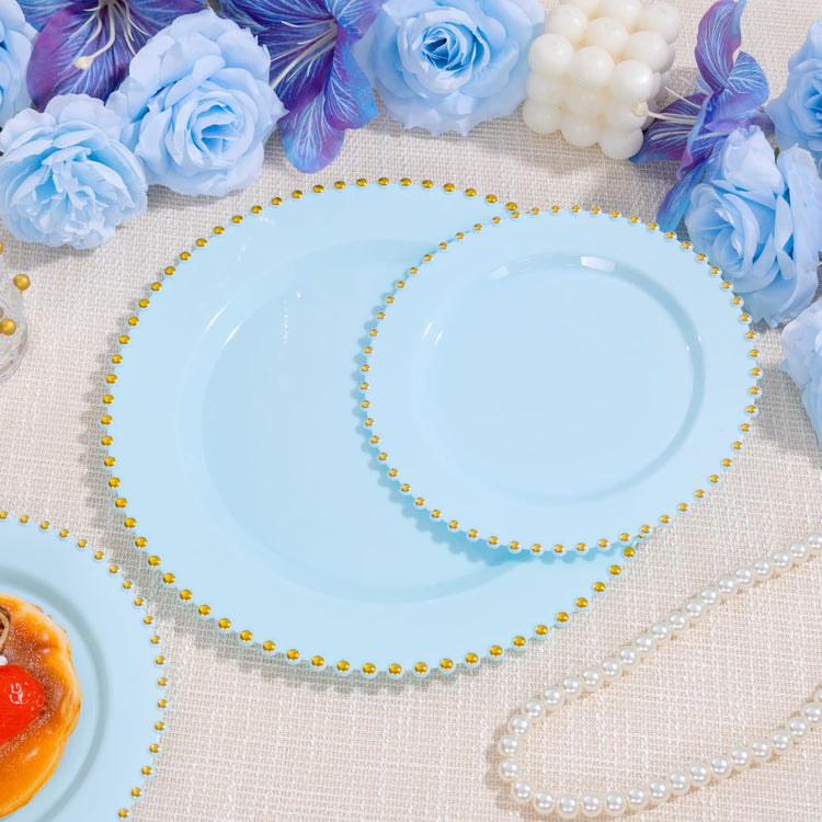 100pcs Light Blue Plastic Plates with Gold Beads for Wedding Party (100 Count)