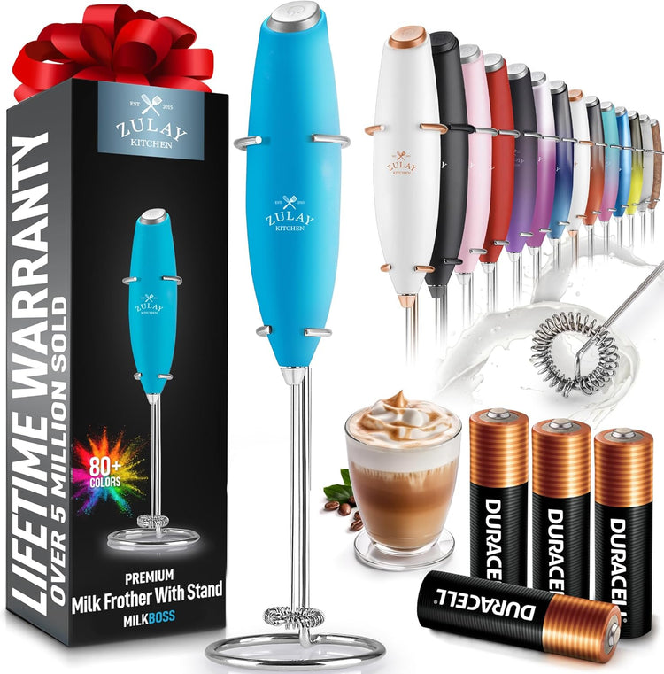 Zulay Powerful Milk Frother Handheld Foam Maker for Lattes - Whisk Drink Mixer for Coffee, Mini Foamer for Cappuccino, Frappe, Matcha, Hot Chocolate by Milk Boss (Teal)