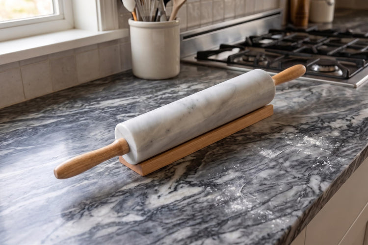 Polished Marble Rolling Pin with Wooden Cradle