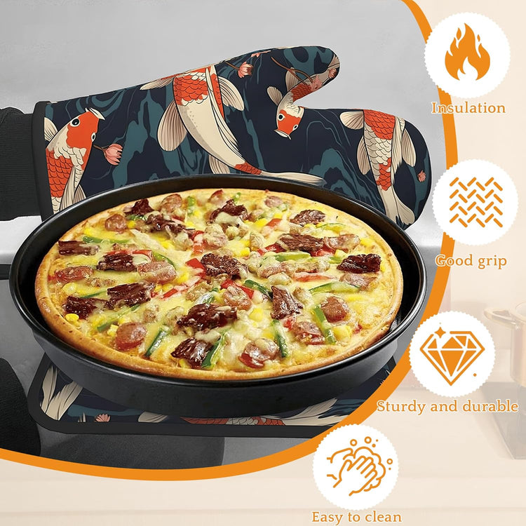 Goldfish Flower Japanese Oven Mitts and Pot Holders,Heat Resistant Oven Mitts Gloves and Pot Holder for Home Kitchen Decorations Cooking Baking BBQ Gifts,Set of 4