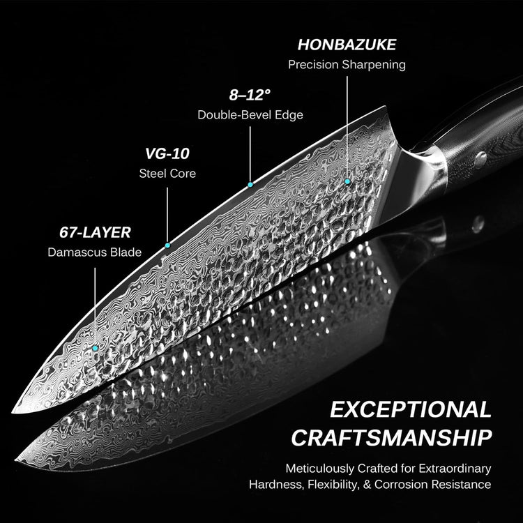 KYOKU Chef Knife - 8"- Shogun Series Japanese VG10 Steel Core Hammered Damascus Blade Kitchen Knife - with Sheath & Case