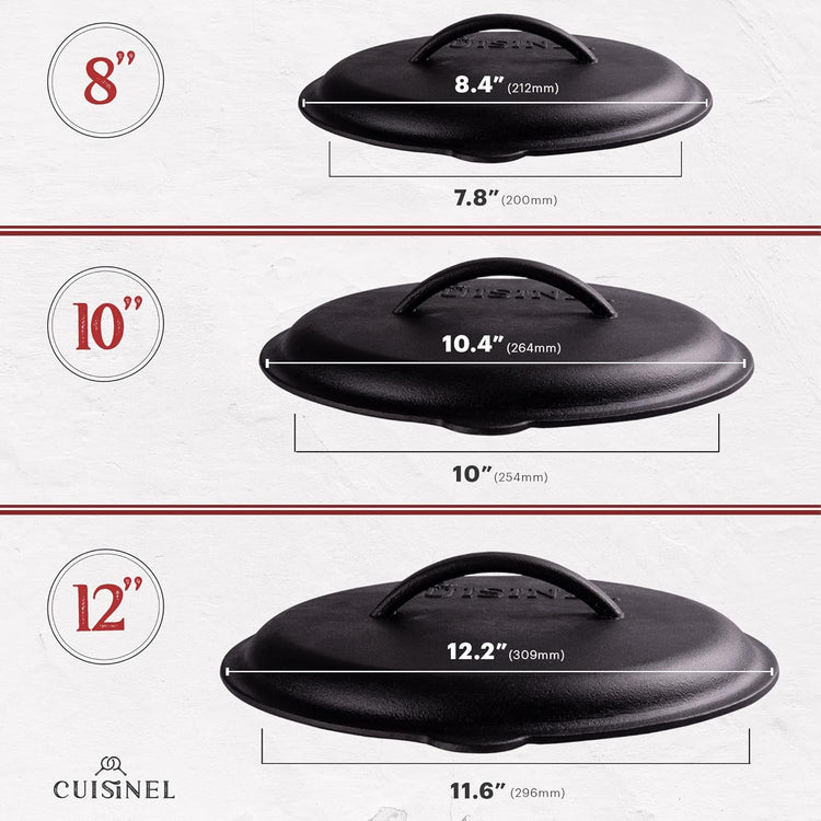 Cast Iron Skillet + Cast Iron Lid Set - 8"+10"+12" Dual Handle Frying Pans + Pan Scraper + Silicone Handle Holder Covers - Pre-Seasoned Indoor/Outdoor, Grill, Stovetop, Induction, Oven Safe Cookware - Nestoria