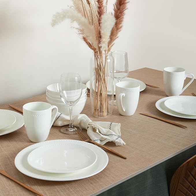 Stone Lain Ava Bone China Formal Dinnerware Set, 16-Piece Everyday Dish Service for 4 Includes Plates, Bowls, and Mugs | Chip + Scratch Resistant| White with Embossed Pinpoint Design