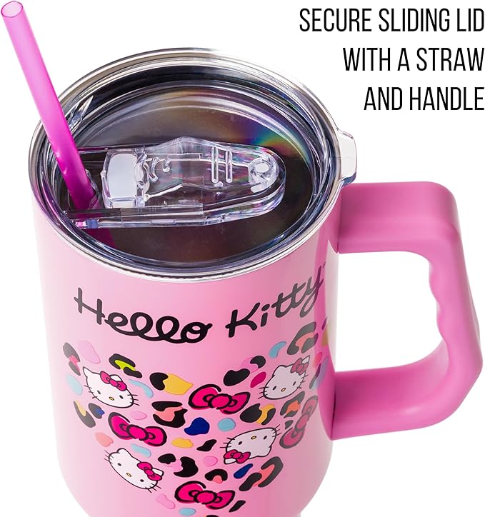 Silver Buffalo Sanrio Hello Kitty Leopard Jungle Cat Print and Bows Heart Double Walled Stainless Steel Tumbler with Handle and Straw, Fits in Standard Cup Holder, 40 Ounces