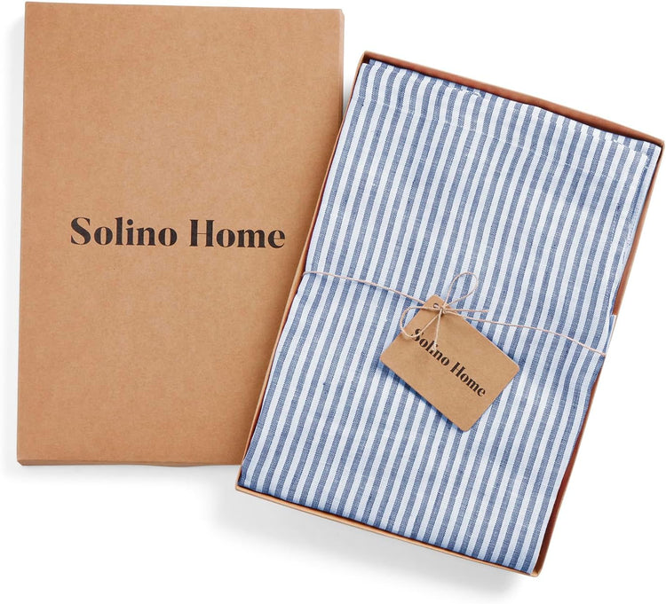 Solino Home 100% Pure Linen Apron for Women & Men - Navy and White Stripe Full Midi Bib Apron, Adjustable Neck Strap with Center Pockets for Kitchen, Chef - Handcrafted from European Flax