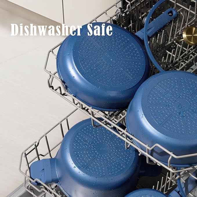CAROTE Ceramic Cookwar Set, Pots and Pan Set Non Stick 18 Piece, Cookware Set Kitchen Cooking Set Non Toxic, PFAS PTFE Free, Blue