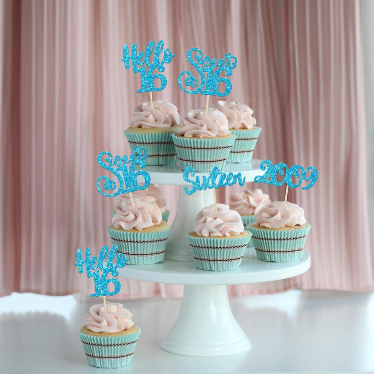 Gyufise 24Pcs Happy 16th Birthday Cupcake Toppers Glitter Hello 16 Sweet 16 Cupcake Picks Sixteen Years Old Birthday Cake Decorations for Celebrating 16th Birthday Anniversary Party Supplies Blue