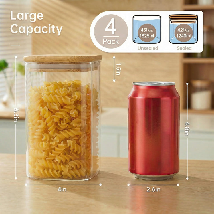 42 oz Square Glass Food Storage Containers with Airtight Bamboo Lids (4 Count)