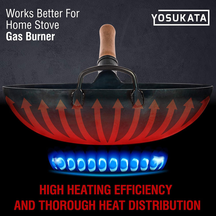 YOSUKATA 14” Round Bottom Carbon Steel Wok Pan – Blue Pre-Seasoned Pow Wok for Stir Fry, BBQ, Grill & Camping – Traditional Japanese & Chinese Cookware – Compatible with Gas Stoves & Open Fire Only