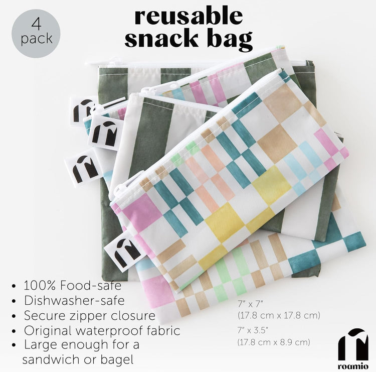 Roamio Reusable Sandwich and Snack Bags, for Kids School Lunch and for Adults Portion, Washable Fabric, Waterproof Cloth Zip Bag, Pack Travel Pouch, Food-Safe, 4-pack Set Green Stripe and Multi Check