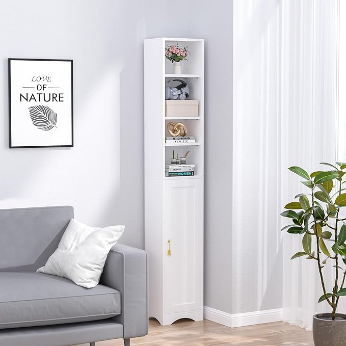 VECELO Narrow Tall Storage Cabinet, Modern Multi-Purpose Bookshelf with Adjustable Shelves & Closed Door, for Kitchen, Living Room, Bathroom, Bedroom, White