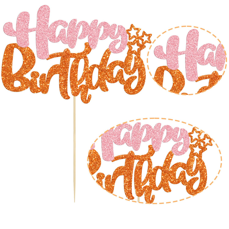 1Pcs Happy Birthday Cake Topper Glitter Cake Pick for Celebrating Anniversary Party Cake Decorations Supplies Pink Orange