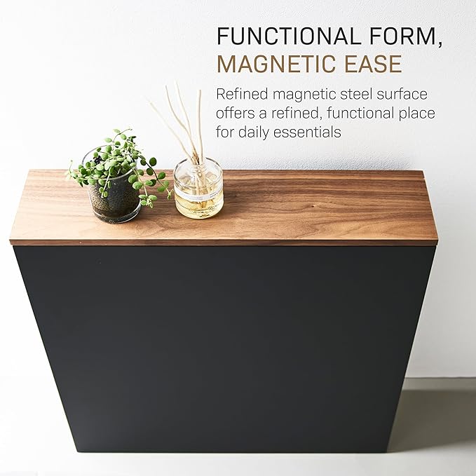 Yamazaki Home Pull-Out Bathroom Storage Cabinet – Slim Bathroom Storage Cabinet with Wood Top, Steel Organizer for Toilet Paper and Cleaning Supplies, Modern Space-Saving Design, Black - Steel + Wood