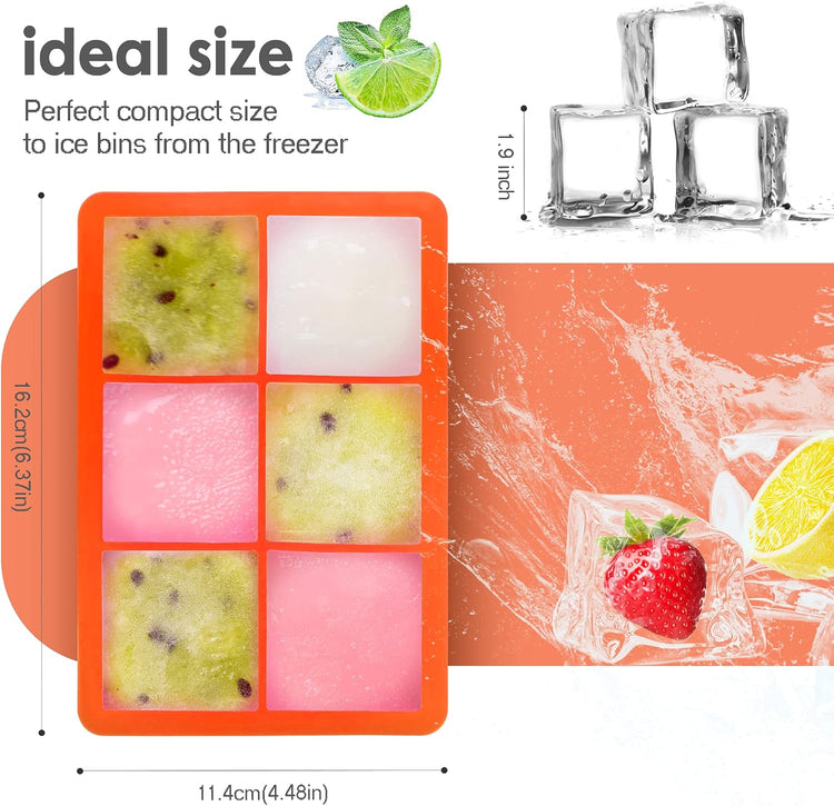 Silicone Ice Cube Trays with Lids,Large Square Ice Cube Molds for Freezer, Whiskey, Cocktail, Stackable Flexible and Reusable & Easy Release BPA Free (2 Pack&Dark Gray and Orange)