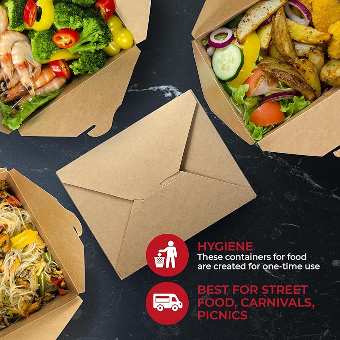 Chinese Takeout Storage Containers (60 Pack) 45oz - Kraft Brown Cardboard Paper Togo - Take Out Boxes -Biodegradable Eco To Go Food For Restaurants Catering Party