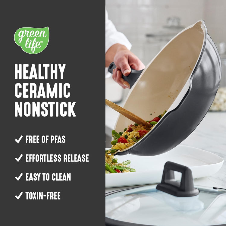 GreenLife Nonstick 12” (5QT) All in One Deep Skillet Wok with Lid, PFAS-Free Non-Toxic Ceramic Multi-Purpose Pan, Induction, All Stovetop, Egg, Stir Fry, Saute, Stay Cool Handle, Graphite