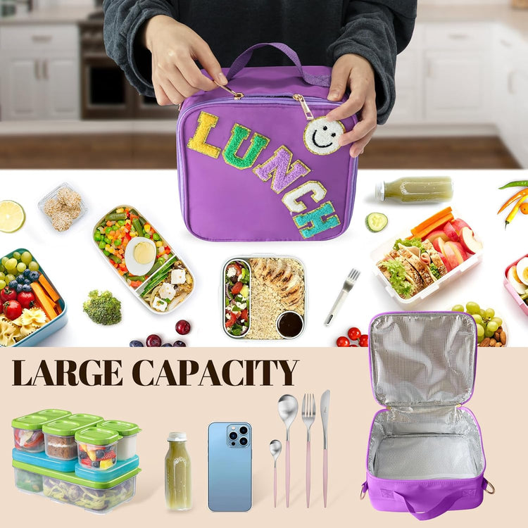 Insulated Lunch Bag With Adjustable Shoulder Strap, Nylon Preppy Lunch Box Large Insulated Lunch Bag Reusable Lunch Tote Bag with Smiley Preppy LunchBag for Girls School Travel Picnic (Dark purple)