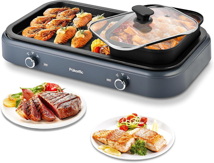Pukomc Electric Hot Pot with Grill,2 in 1 Korean BBQ Grill Shabu Shabu Hot Po, 1500W / Temperature Control, Quick Heating Detachable Hot Pot and Baking Tray,gray