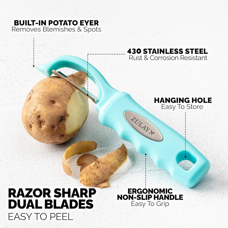 Zulay Kitchen Premium Vegetable Peeler for Kitchen - Swivel Peeler with Razor Sharp Stainless Steel Blades & Strong Ergonomic Handle - Dishwasher Safe, Easy To Use with Blemish Remover - Light Blue