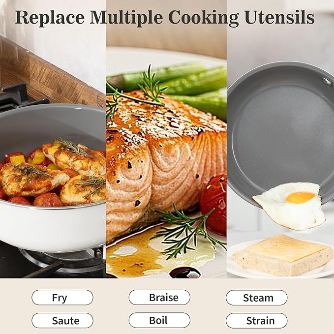 10-Inch Ceramic Non-Stick Cookware Set, 8-in-1 Multifunctional Cookware, Interior & Exterior Ceramic Coating, PFAS/PTFE/PFOA-Free, Compatible with All Stovetops, Oven-Safe up to 450°F