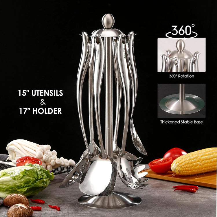 18/10 Stainless Steel Cooking Utensils Set with Holder, 7-Pieces All Metal Kitchen Utensils, 15’’ Long Kitchen Tools with Countertop Rotating Stand, Spatula, Ladle, Skimmer, Tunner, Pasta, Large Spoon