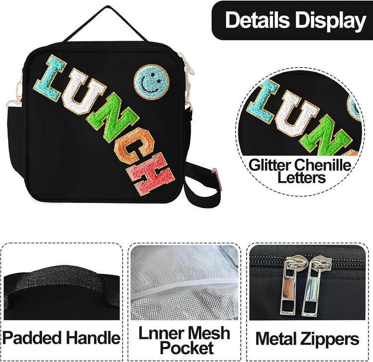 Insulated Lunch Bag With Adjustable Shoulder Strap, Nylon Preppy Lunch Box Large Insulated Lunch Bag Reusable Lunch Tote Bag with Smiley Preppy LunchBag for Girls School Travel Picnic (Black)