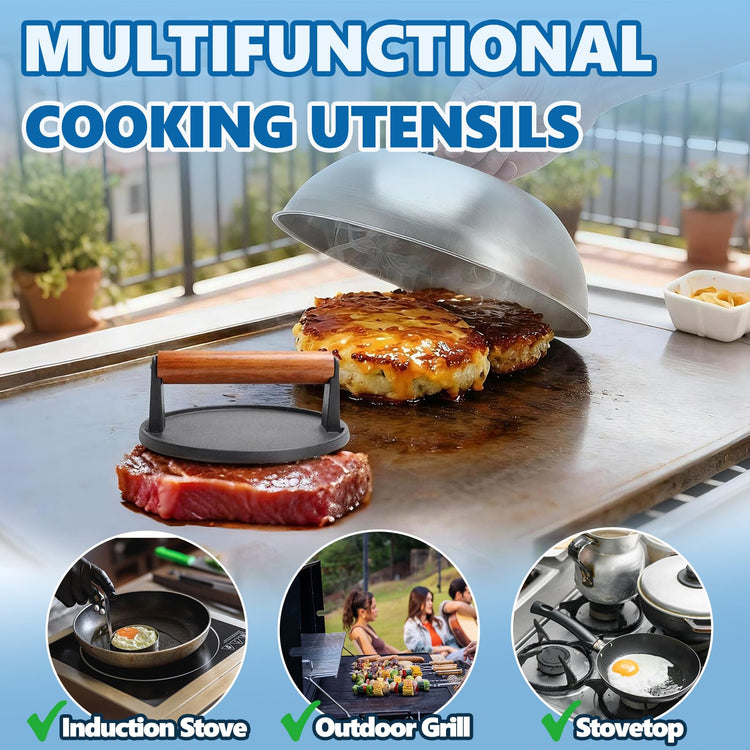 Round Griddle Basting Cover Dome&Cast Iron Burger Press for Flat Top Grills