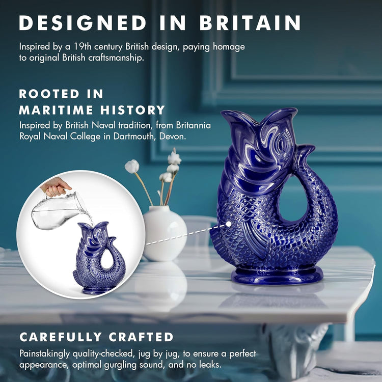 Gurgle Glug Jug The Bubble Jug® Ocean Green 50 fl oz 1.5L Litre Extra Large Pitcher - Fish Shaped Jug - Decorative Ceramic Glugging Cocktail, Water and Gin Vase and Gurgling Carafe Pot