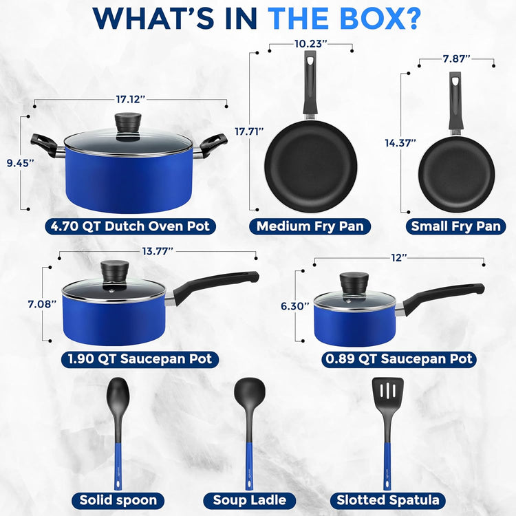 SereneLife Kitchenware Pots & Pans Basic Kitchen Cookware, Black Non-Stick Coating Inside, Heat Resistang Lacquer (11 Piece set), One Size, Blue