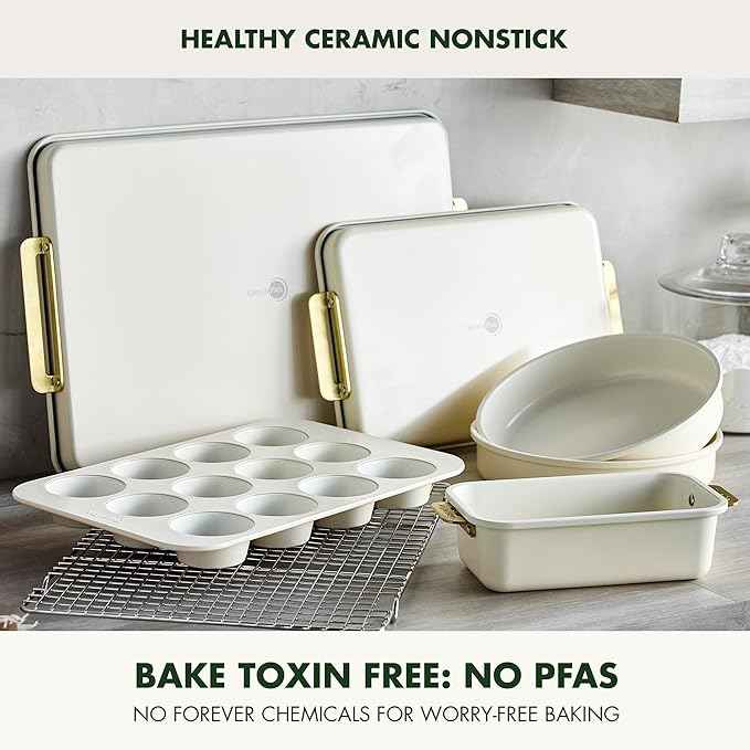 GreenPan Bakeware Set, 7 Piece Nonstick Ceramic Gold Handle Baking Sheets, Cake Pans, Loaf Pan, Muffin Tin, Cooling Rack, PFAS & BPA Free, Freezer to Oven Dish, Bake & Roast Ovenware, Cream