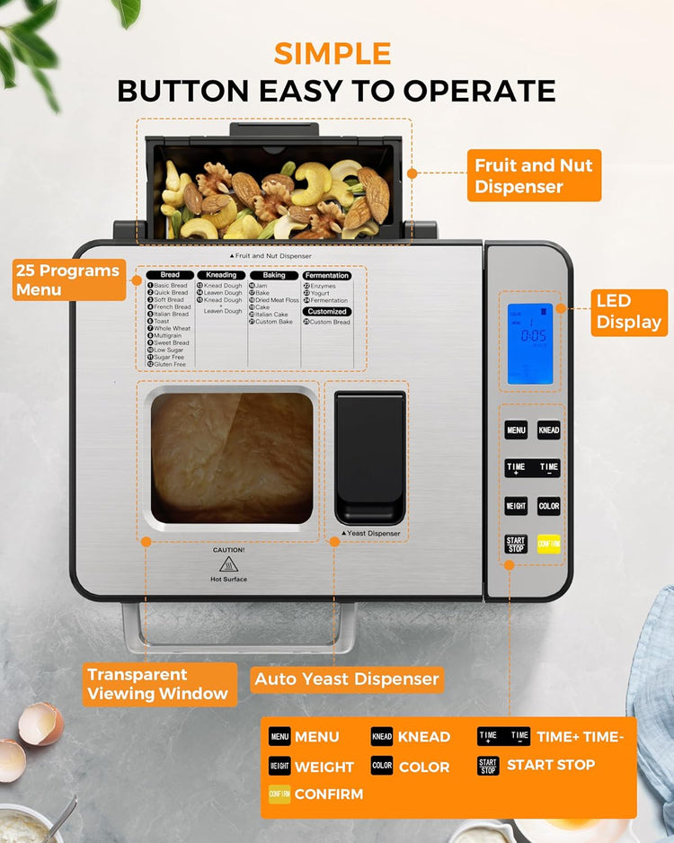EUHOMY 25-in-1 Bread Maker Machine 2LB Breadmaker, Bread Machines with Nut Dispenser and Yeast Dispenser, 3 Loaf Sizes 3 Crust Colors, Dough Maker with Customized Options, Gluten-Free, Recipe, Gifts